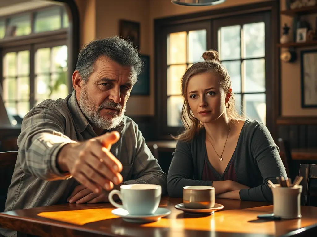 An elderly father and adult daughter reconnecting after years apart, sharing forgiveness and love.