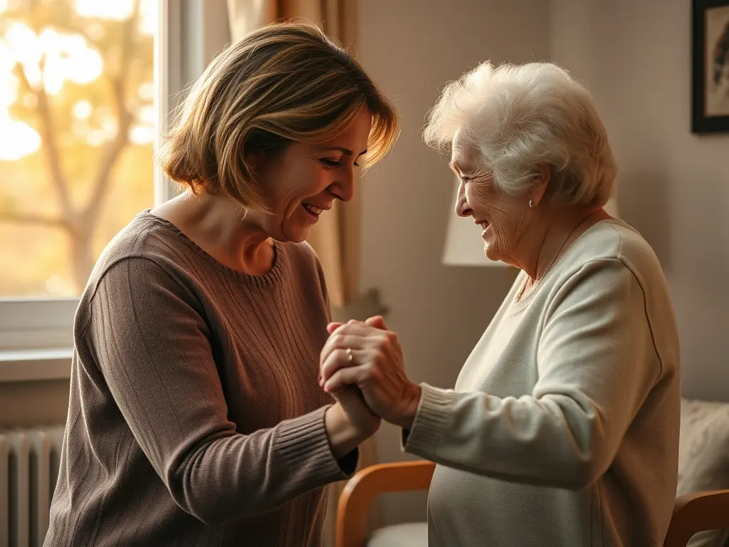 A middle-aged woman holding her elderly mother’s hands in a nursing home, both smiling softly as sunlight filters through the window.