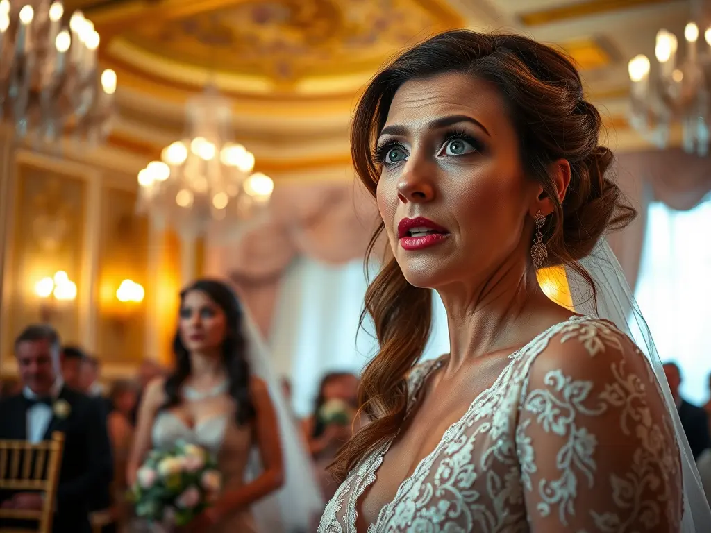 A woman standing in a lavish wedding venue, looking shocked as she watches unexpected events unfold during the ceremony.