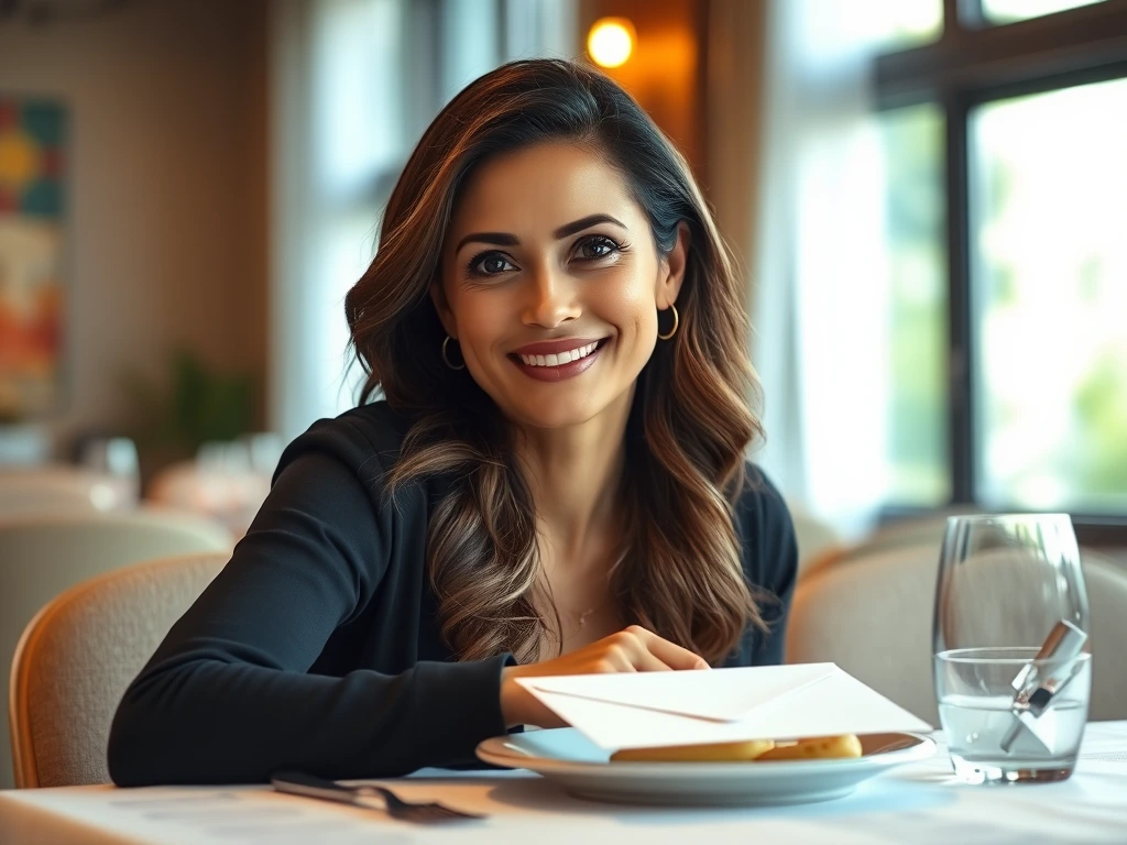 A confident woman sitting at a dinner table set for two, smiling calmly as an envelope rests where her ex-husband’s plate should be.