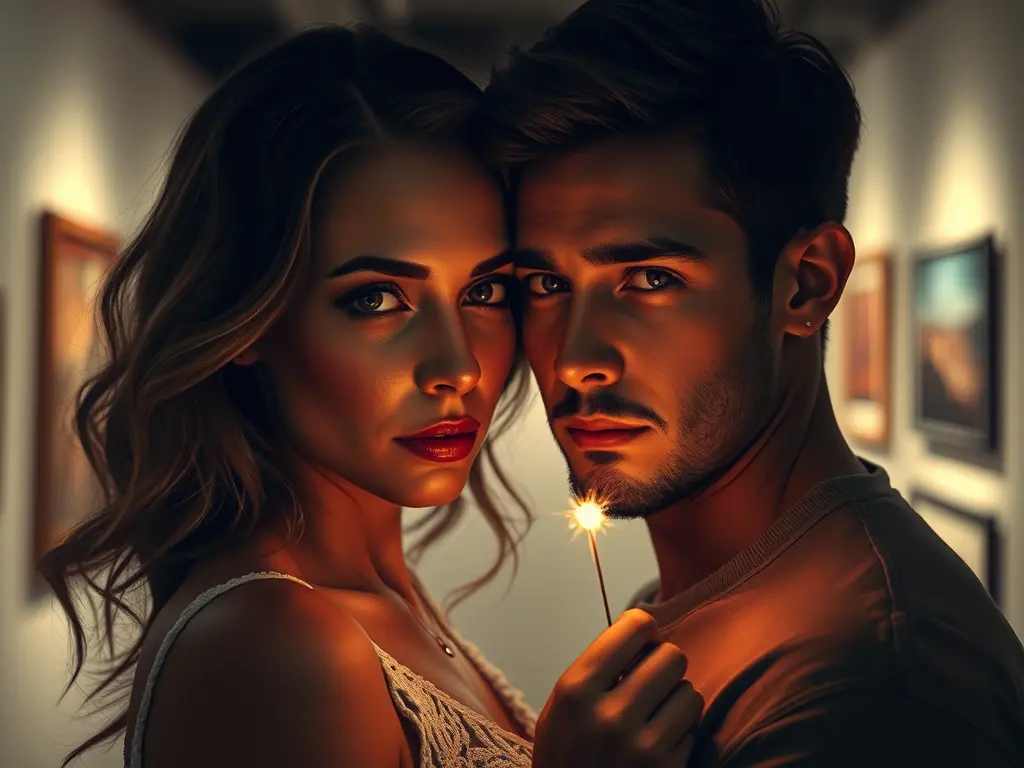 A woman and man standing close in a softly lit art gallery, looking at each other with cautious hope and a spark of new love.