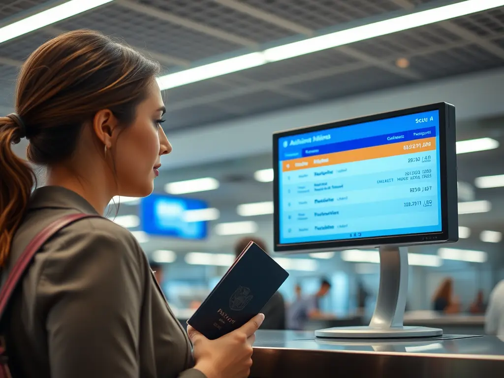 A woman at an airline counter holding a passport while the agent points to a screen showing two separate reservations with different names.