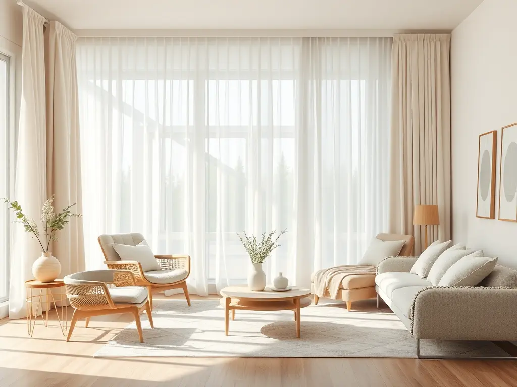 Sunlit minimalist interior with neutral décor and open space.