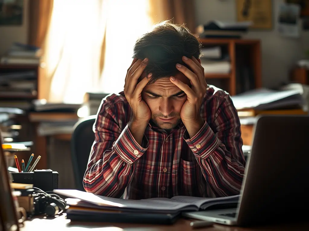 Person holding their head at a cluttered desk, overwhelmed by stress.