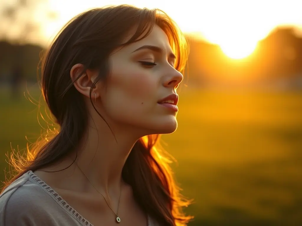 Woman practicing slow breathing in golden-hour light.