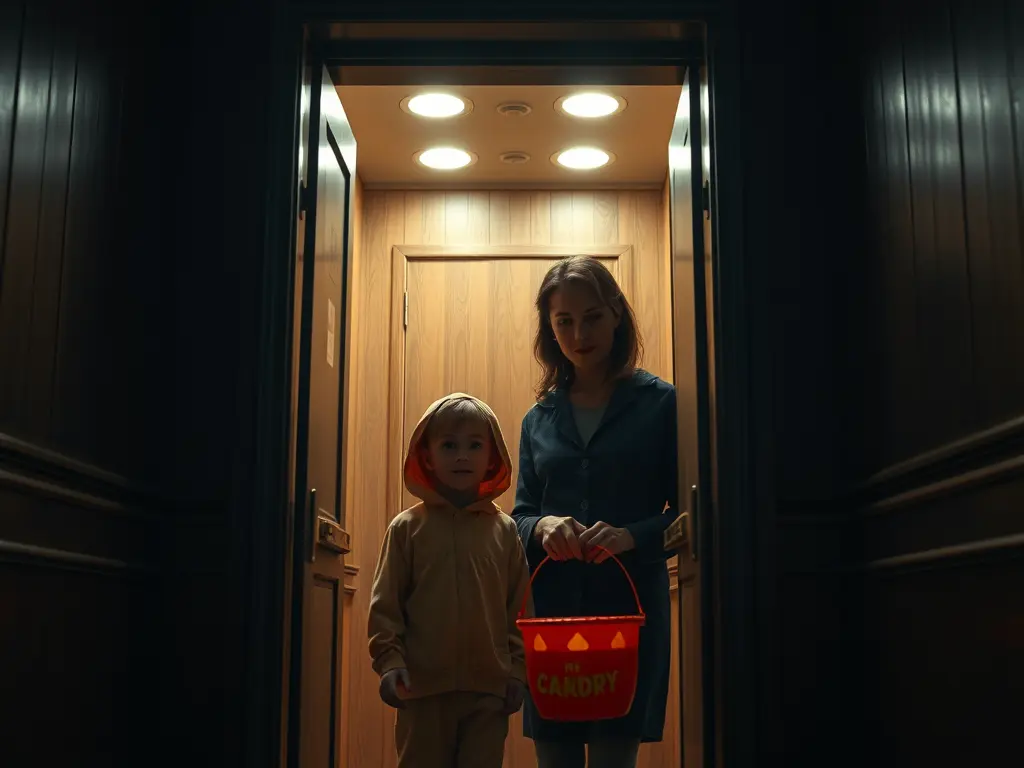 Mother and 9-year-old boy standing inside an old apartment elevator on Halloween night, warm yellow light, doors partly open, both looking surprised.