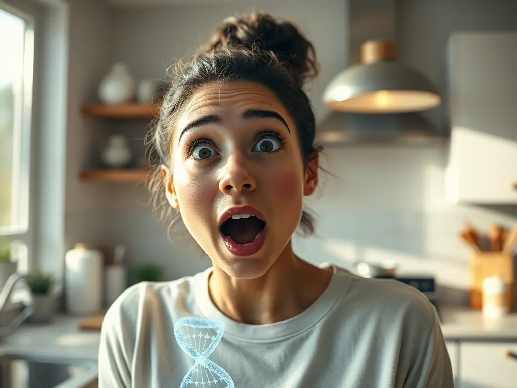 A young woman standing in a modern kitchen, holding a holographic DNA helix with a surprised, hopeful expression, representing a new gene-editing breakthrough.