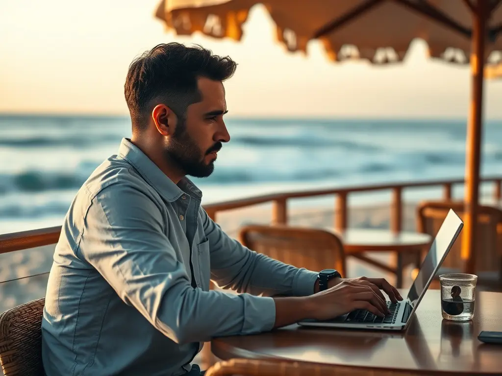 Man working on a laptop near the ocean during golden hour.