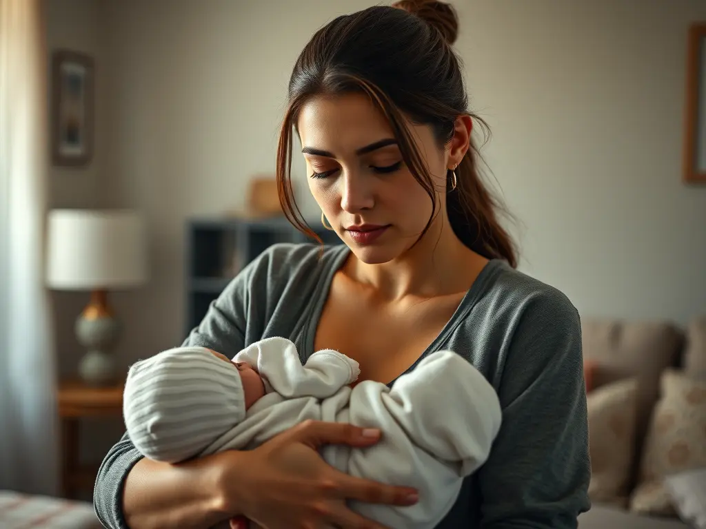 A strong single mother holding her newborn, standing confidently as her ex returns unexpectedly.