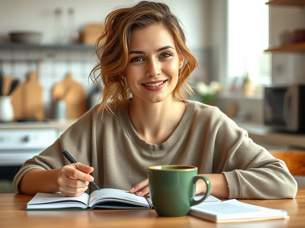 A woman planning her lifestyle changes at a sunlit table.
