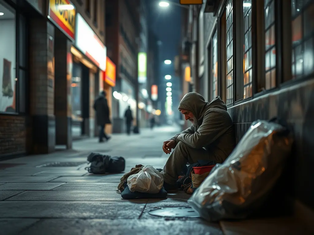 A homeless individual sitting beside belongings on a cold urban sidewalk under dim city lights.
