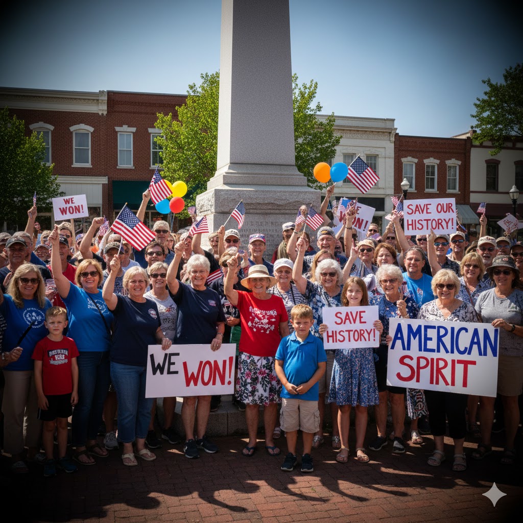 A smartphone-style photo of a determined crowd of multi-generational, patriotic Americans celebrating in a small town square next to an old, granite veteran monument, holding small American flags.