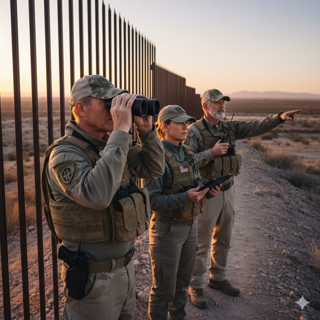 A group of three determined American veterans, one using binoculars, standing vigilantly near a rugged section of the US border wall at sunrise, monitoring the area.