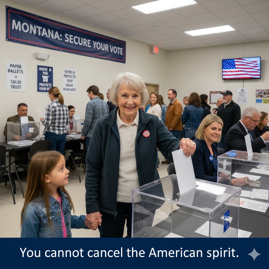 A proud older American woman casting her ballot in a modern, well-lit polling station, accompanied by a young child, with other citizens voting in the background and an American flag visible. A banner reads "MONTANA: SECURE YOUR VOTE."