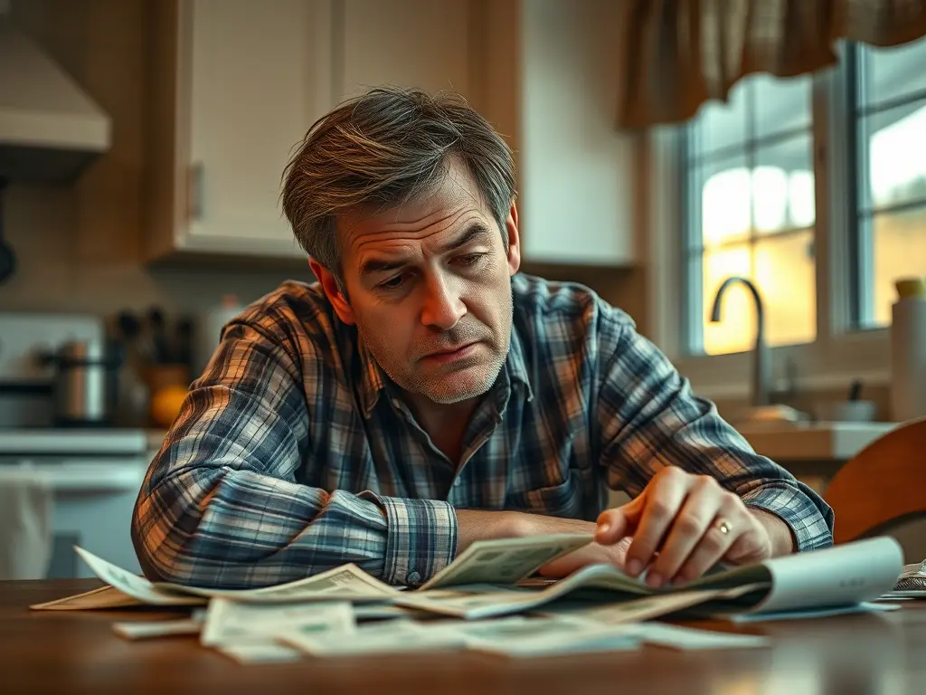 A worried father sits at a kitchen table scattered with unpaid bills in warm evening light.