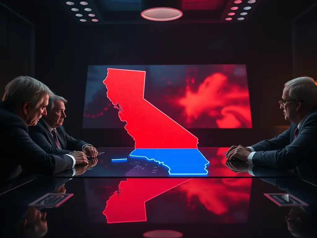 Glowing digital California map spreads across a conference table as rival political strategists face each other in a dimly lit room.