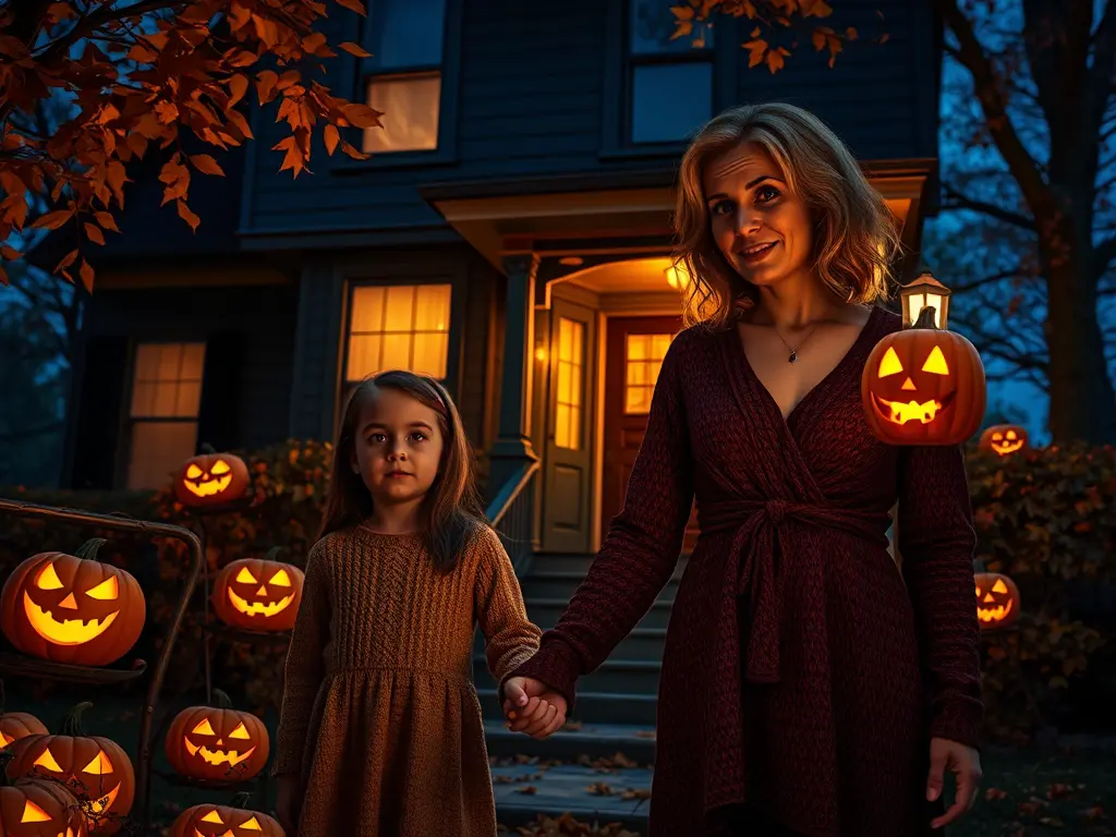 A middle-aged woman and her 11-year-old daughter standing on the porch of an old Victorian house on Halloween night, warm porch light glowing, fallen leaves around.