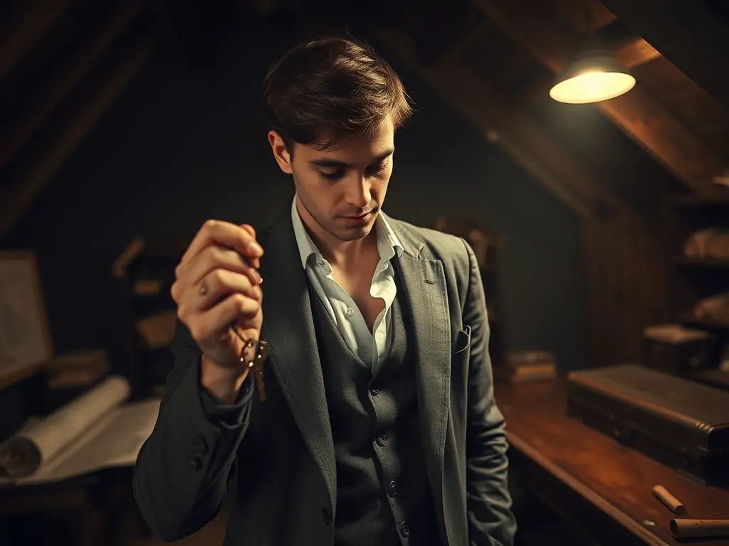A young man discovering a hidden key and blueprints in a dusty attic, dramatic lighting.